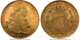 Charles IV gold 8 Escudos 1807/6 Mo-TH MS62 NGC, Mexico City mint, KM159, Onza-1043. Peach-toned golden surfaces, highlighting sharp and frosty device...
