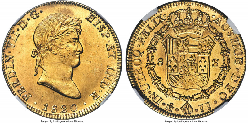 Ferdinand VII gold 8 Escudos 1820 Mo-JJ MS62 NGC, Mexico City mint, KM161, Cal-1...