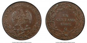 Republic copper Specimen Pattern Centavo 1862-Mo SP53 PCGS, Mexico City mint, KM-Pn86, Guttag-Unl., Buttrey/Hubbard-42. By Paredes. Variety with artis...