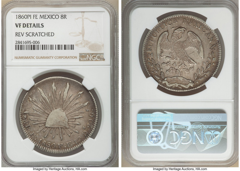 Republic 8 Reales 1860 Pi-FE VF Details (Reverse Scratched) NGC, San Luis Potosi...