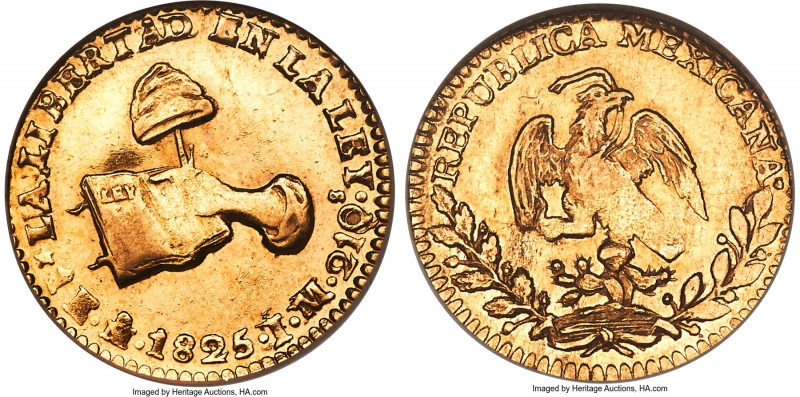 Republic gold Escudo 1825 Mo-JM/FM MS64 NGC, Mexico City mint, KM379.5. Flashy s...