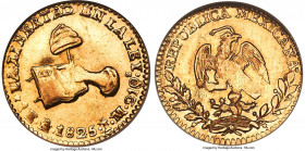 Republic gold Escudo 1825 Mo-JM/FM MS64 NGC, Mexico City mint, KM379.5. Flashy specimen, bearing mirrored and glossy fields. Ex. Law Collection (Herit...