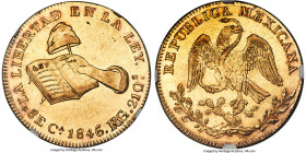 Republic gold 8 Escudos 1846 Ca-RG AU55 NGC, Chihuahua mint, KM383.1. A seldom seen year from this provincial mint, well-struck and presenting reflect...