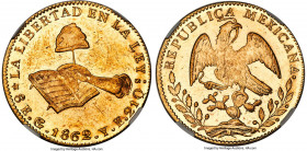 Republic gold 8 Escudos 1862 Go-YE MS61 NGC, Guanajuato mint, KM383.7, Onza-1974. Shimmering fields, scintillating cartwheel luster over semi-Prooflik...