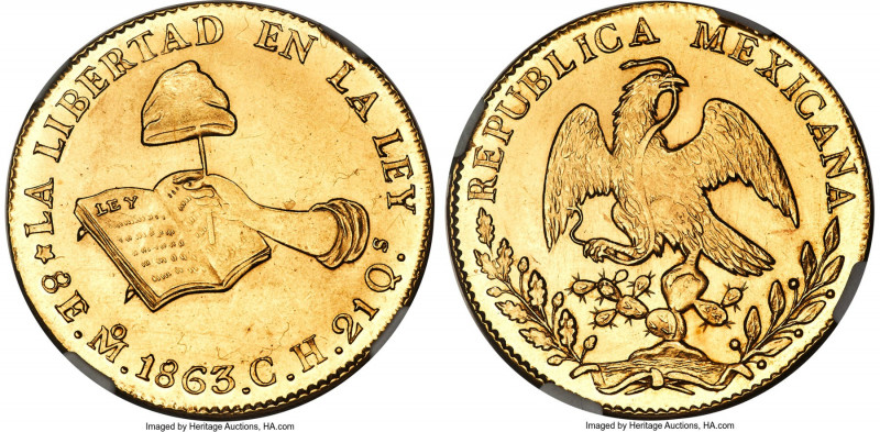 Republic gold 8 Escudos 1863 Mo-CH MS62 NGC, Mexico City mint, KM383.9. A lustro...