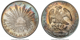 Republic 8 Reales 1878 Mo-MH MS64+ PCGS, Mexico City mint, KM377.10, DP-Mo63. Choice gem, boasting semi-Prooflike surfaces occupied by rainbow toned g...