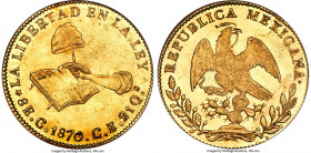Republic gold 8 Escudos 1870 C-CE MS63 NGC, Culiacan mint, KM383.2, Fr-66. Choice Mint State, very lustrous and well struck with only faint roughness ...