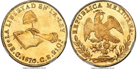 Republic gold 8 Escudos 1870 C-CE MS63 NGC, Culiacan mint, KM383.2, Fr-66. Amazingly lustrous and well defined motifs, boasting cartwheel luster all o...
