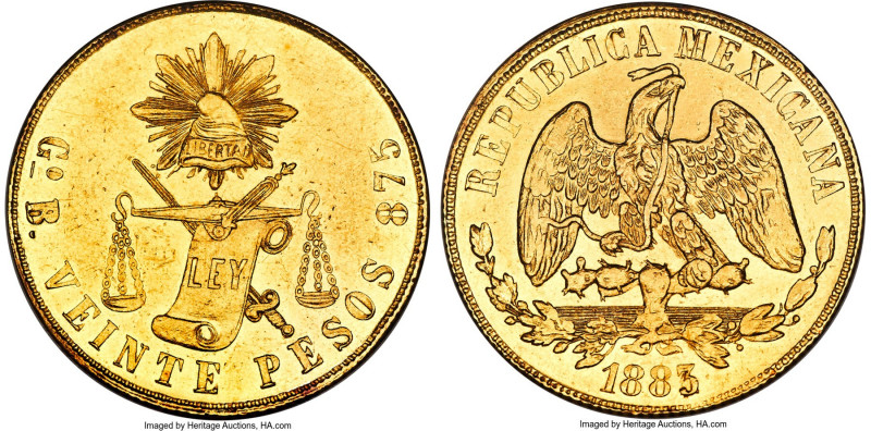 Republic gold 20 Pesos 1883 Go-B MS61 NGC, Guanajuato mint, KM414,4. Mintage of ...