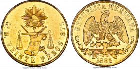 Republic gold 20 Pesos 1883 Go-B MS61 NGC, Guanajuato mint, KM414,4. Mintage of 3,705 pieces. An engaging representative of this scarce overdate, exhi...