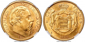 Charles III gold 100 Francs 1882-A MS64 NGC, Paris mint, KM99. Mintage: 5,000. The first and lowest mintage issue of a three-year type. Satin and shin...