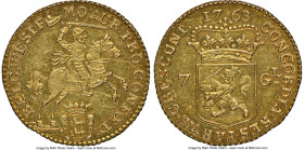 West Friesland. Provincial gold 7 Gulden 1763 MS62 NGC, KM129. Also known as a 1/2 Golden Rider. Reflective semi-Prooflike surfaces, graced by amber t...