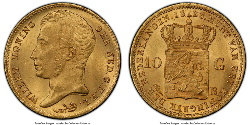 Willem I gold 10 Gulden 1828-B MS66 PCGS, Brussels mint, KM56. The second-finest...