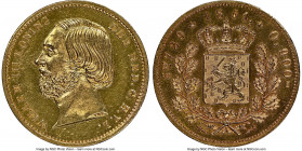 Willem III gold 10 Gulden 1851 UNC Details (Private Countermark) NGC, KM95, Fr-340. A sharp example, presenting semi-Proof surfaces, not spoiled by th...