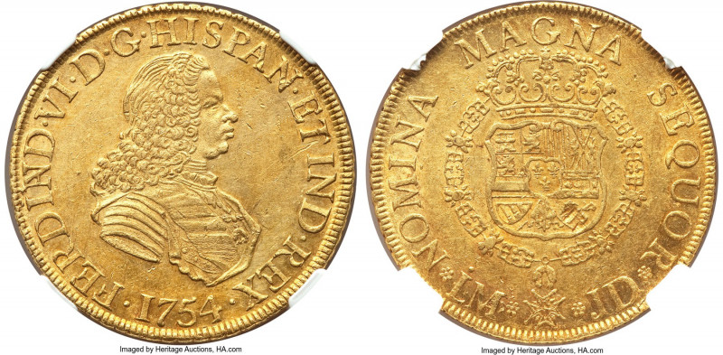 Ferdinand VI gold 8 Escudos 1754 LM-JD AU58 NGC, Lima mint, KM59.1, Cal-767, Onz...