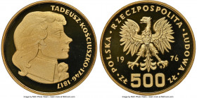 People's Republic gold Proof "Tadeusz Kosciuszko" 500 Zlotych 1976-MW PR67 Ultra Cameo NGC, Warsaw mint, KM-Y83. Deep watery fields with heavily frost...