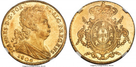 João Prince Regent gold 6400 Reis (Peça) 1806 MS64 NGC, Lisbon mint, KM336, Gomes-32.04. The joint-finest certified example of the date across both ma...