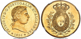 João VI gold 7500 Reis (Peça) 1826 MS62 NGC, Lisbon mint, KM378, Fr-134, Gomes-9.02. An elusive two-year type that saw only 10,883 pieces struck in th...