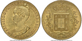 Maria II gold 7500 Reis (Peça) 1834 MS63 NGC, Lisbon mint, KM405, Fr-141. Gleaming and sharp, the whole of the planchet bathed in luminous mint brilli...
