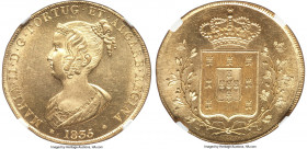 Maria II gold 7500 Reis (Peça) 1835 MS63 NGC, Lisbon mint, KM407, Fr-141, Gomes-19.02. Mintage: 2,989. A coin which immediately strikes the viewer wit...