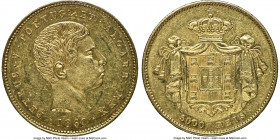 Pedro V gold 5000 Reis 1860 MS61 NGC, Lisbon mint, KM505. The first issue of a two-year type with a total mintage of only 52,000. Highly flashy, a hin...