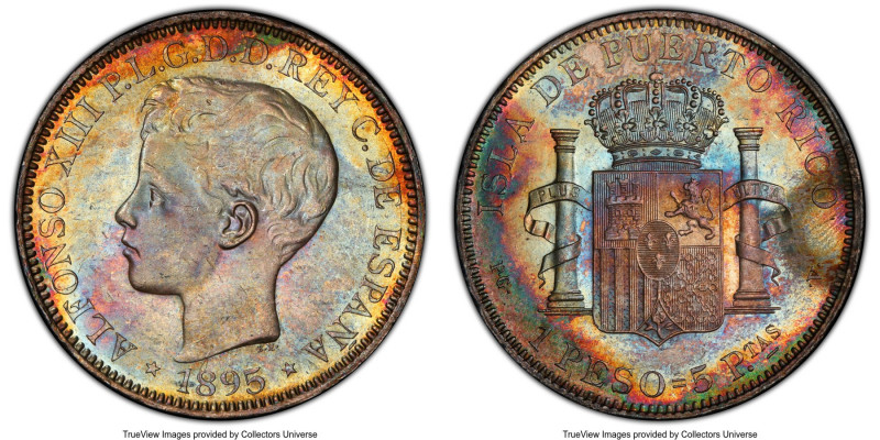 Spanish Colony. Alfonso XIII Peso 1895 PG-V MS63 PCGS, Madrid mint, KM24, Cal-12...