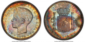 Spanish Colony. Alfonso XIII Peso 1895 PG-V MS63 PCGS, Madrid mint, KM24, Cal-128. A one-year popular type that showcases exciting rainbow-toned field...