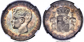 Spanish Colony. Alfonso XIII Peso 1895 PG-V MS62 NGC, Madrid mint, KM24, Cal-128. A one-year type boasting captivating rainbow toning over well-define...