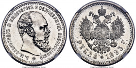 Alexander III Rouble 1893-AГ MS62 NGC, St. Petersburg mint, KM-Y46, Dav-292, Bit-77. Exhibiting pure silver color throughout, with a full strike produ...