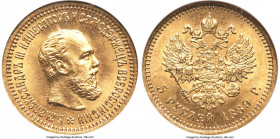 Alexander III gold 5 Roubles 1889-AΓ MS65 NGC, St. Petersburg mint, KM-Y42, Fr-168, Bit-34. Variety with AΓ initials on truncation. The scarcer of the...
