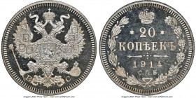 Nicholas II Proof 20 Kopecks 1914 СПБ-HI PR66+ Ultra Cameo NGC, St. Petersburg mint, Bitkin-116, KM-Y22a.1. An absolute gem, bearing chiseled motifs a...