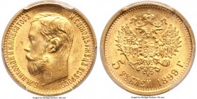 Nicholas II gold 5 Roubles 1899-ФЗ MS65 PCGS, St. Petersburg mint, KM-Y62, Bit-24. Completely rendered and unusually clean for this popular gold type,...