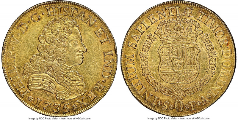 Philip V gold 8 Escudos 1735 S-PA AU55 NGC, Seville mint, KM346.2, Cal-2307 (pre...