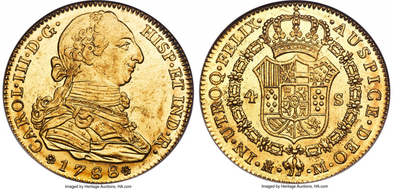 Charles III gold 4 Escudos 1788 M-M MS63 NGC, Madrid mint, KM418.1a, Cal-1795. T...