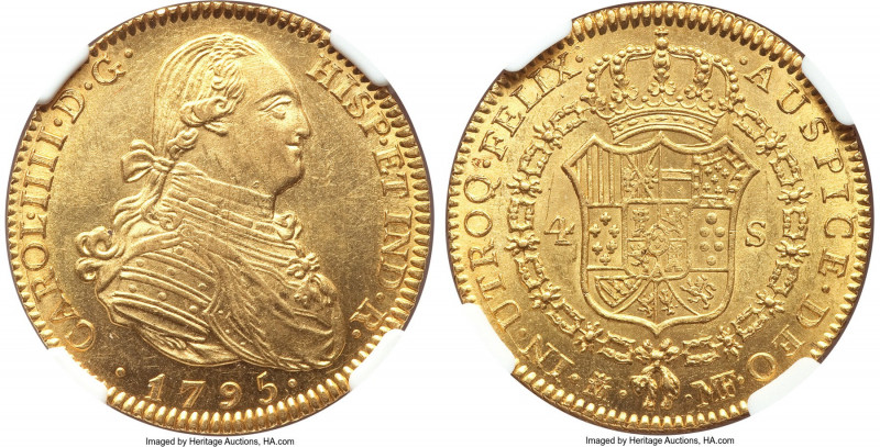 Charles IV gold 4 Escudos 1795 M-MF MS63+ NGC, Madrid mint, KM436.1, Cal-1478. A...