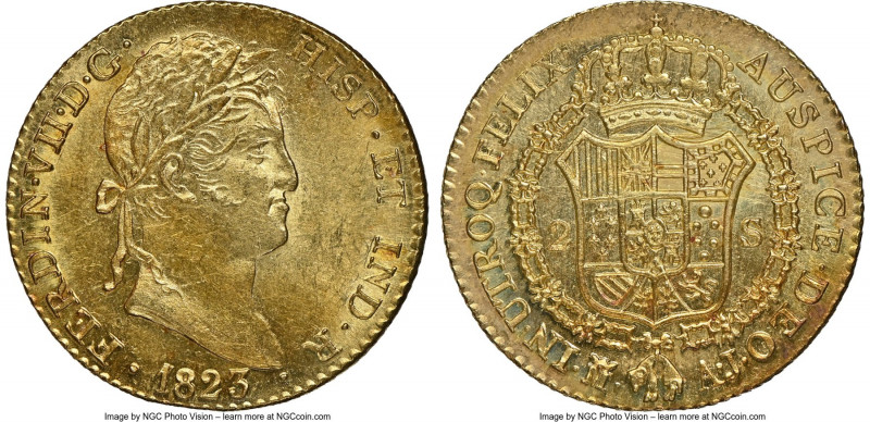 Ferdinand VII gold 2 Escudos 1823 M-AJ MS63 NGC, Madrid mint, KM483.1. Phenomena...