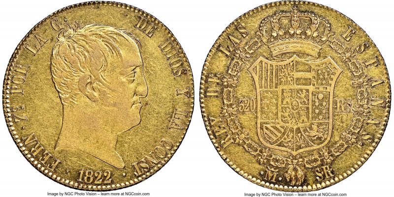 Ferdinand VII gold 320 Reales 1822 M-SR AU55 NGC, Madrid mint, KM566, Fr-319, On...