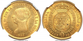 Isabel II gold 100 Reales 1850-RD MS63 NGC, Seville mint, KM594.3. Velveteen, almost Prooflike surfaces, boasting cartwheel luster all over. A very ra...