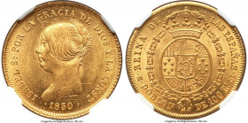 Isabel II gold 100 Reales 1850-CL MS63 NGC, Madrid mint, KM594.2. Second highest grade certified at NGC. Glorious velveteen surfaces, graced by cartwh...