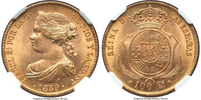 Isabel II gold 100 Reales 1859 MS64 NGC, Barcelona mint, KM605.1. Near-gem, exhi...