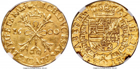 Brabant. Albert & Isabella of Spain (1598-1621) gold 2 Albertin 1600 MS62 NGC, Antwerp mint, KM10.1, Fr-86, Delm-145. 5.13gm. A thoroughly enticing sp...