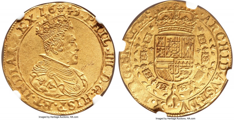 Brabant. Philip IV of Spain gold 2 Souverain d'Or 1645 AU58 NGC, Brussels mint, ...