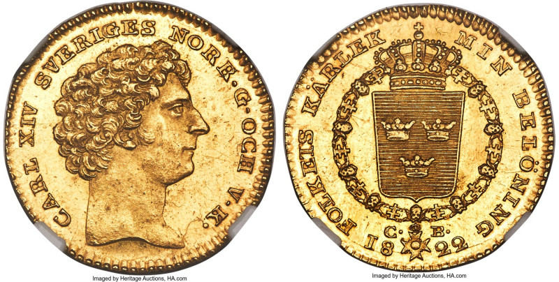 Carl XIV Johan gold Ducat 1822-CB MS62 NGC, Stockholm mint, KM594, Fr-84. An elu...