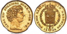 Carl XIV Johan gold Ducat 1822-CB MS62 NGC, Stockholm mint, KM594, Fr-84. An elusive and popular type, presenting highly reflective fields, accompanie...