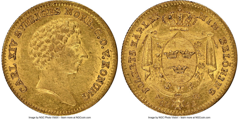 Carl XIV Johan gold Ducat 1843-AG MS61 NGC, Stockholm mint, KM628a, Fr-87. A sci...