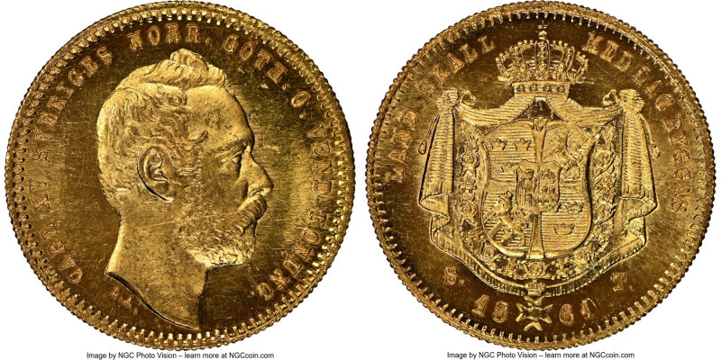 Carl XV Adolf gold Ducat 1861-ST MS64 S NGC, Stockholm mint, KM709, Fr-91. Highl...