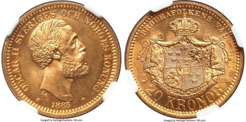 Oscar II gold 20 Kronor 1885-EB MS66 NGC, KM748. A flaming lustrous piece, weavi...