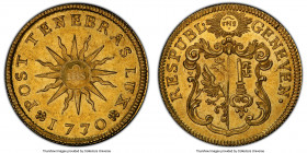 Geneva. Canton gold Pistole 1770 MS64+ PCGS, KM77, Fr-262, HMZ-2-338g. The sole Mint State example certified by the two main grading companies. A glam...