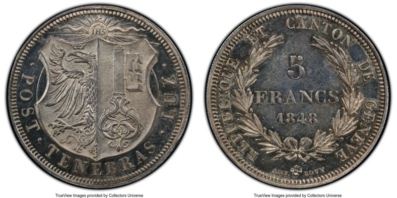 Geneva. Canton 5 Francs 1848 MS63 Prooflike PCGS, KM137, Dav-375. With decidedly...