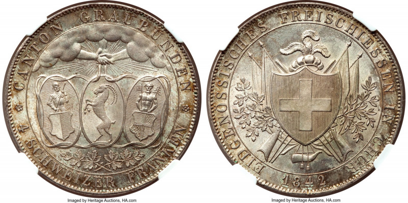 Graubünden. Canton "Shooting Festival" 4 Franken 1842 MS64+ NGC, KM17, Dav-372, ...